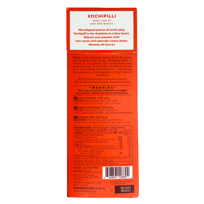 ANTIDOTE CHOCOLATE XOCHI: RAW 100% CACAO + DATES - 12 Bars by Farm2Me