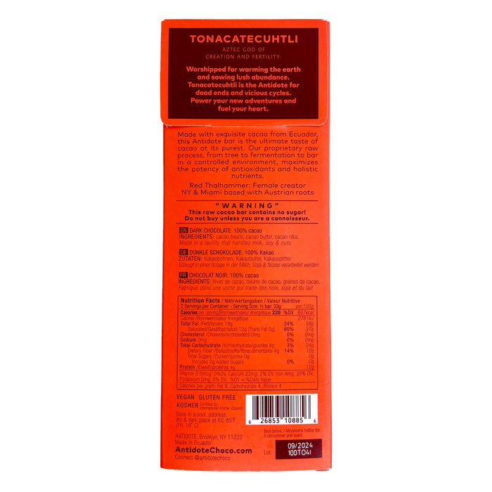 ANTIDOTE CHOCOLATE TONA: RAW 100% CACAO + NIBS - 12 Bars by Farm2Me