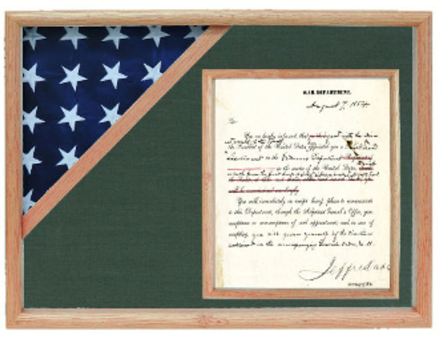 Oak Shadow box to hold a 3’X5’ flag with 8.5'x11' certificate., , The Military Gift Store, Flag Case with Display Shadow Box