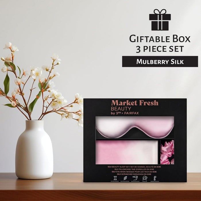 Market Fresh Beauty Mulberry Silk Sleep Set, Pillowcase, Eye Mask and Hair Scrunchie, Silk, Pink & White Gradient