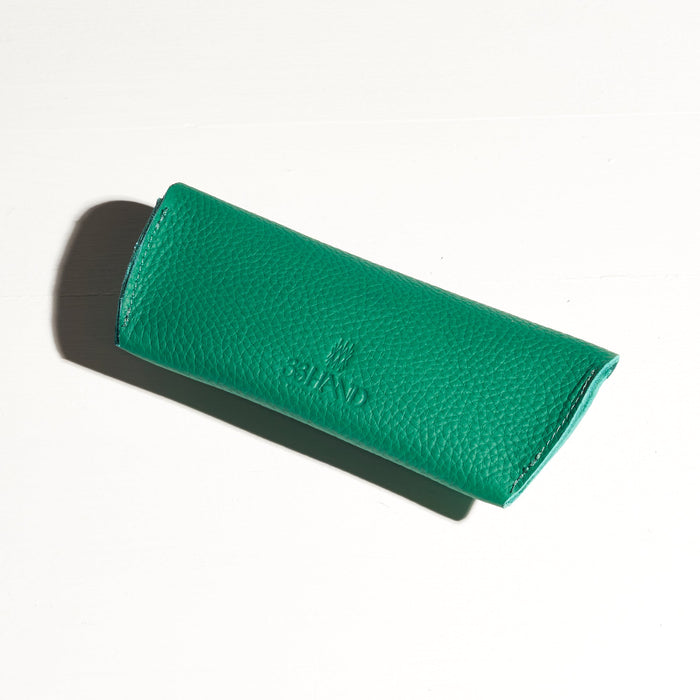 green turquoise leather glasses holder made by hand in portland maine