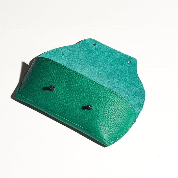 green turquoise leather glasses holder made by hand in portland maine