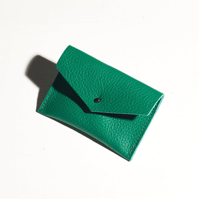 green turquoise leather small card wallet that stretches to fit more cards classy elegant artsy unique look made by hand in portland maine
