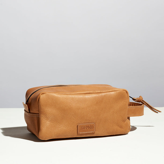 light tan leather dopp kit made. by hand in portland maine