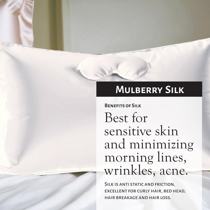 Market Fresh Beauty Mulberry Silk Sleep Set, Pillowcase, Eye Mask and Hair Scrunchie, Silk, White