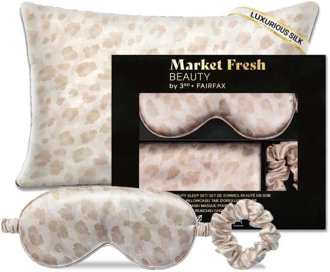 Market Fresh Beauty Mulberry Silk Sleep Set, Pillowcase, Eye Mask and Hair Scrunchie, Silk, Cream Leopard