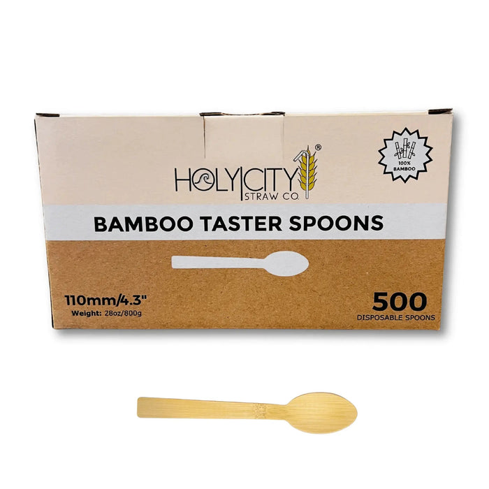 Box of Holy City Straw Company Wrapped Bamboo Taster Spoons 500 disposable spoons