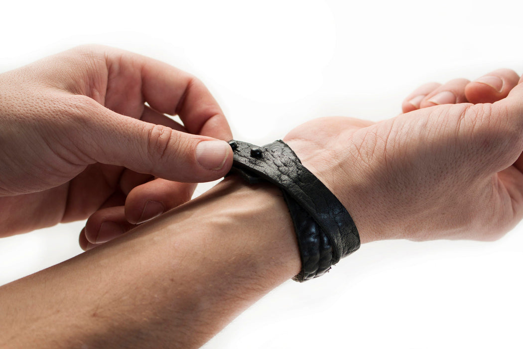 textured black leather bracelets made by hand in portland maine