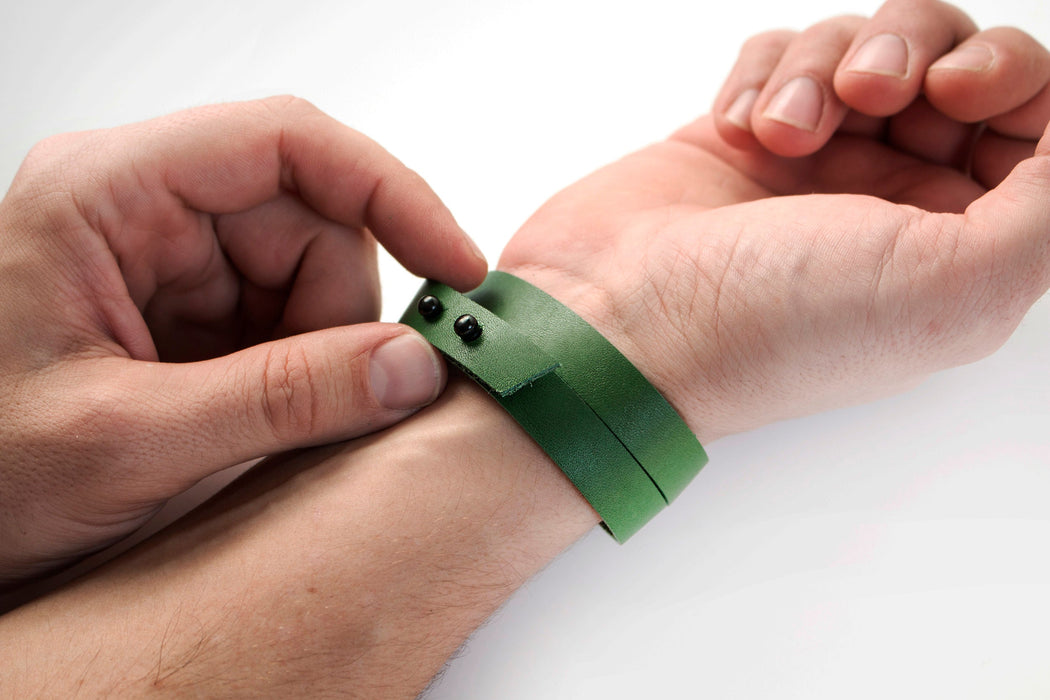 textured green leather bracelets made by hand in portland maine