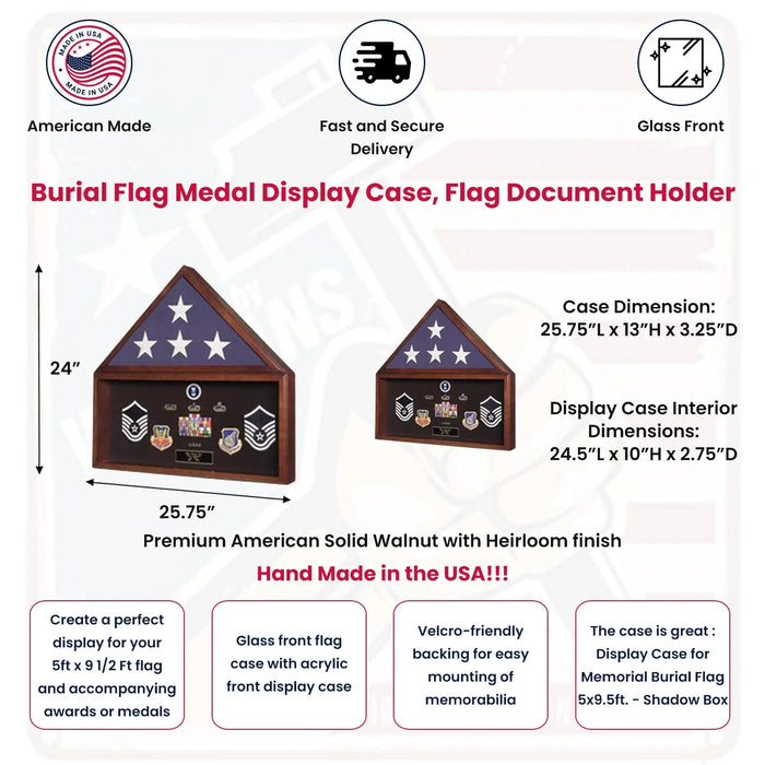 Burial Flag Medal Display case, Flag Document Holder