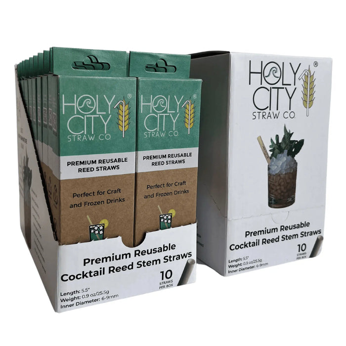 Cocktail Reed Stem Drinking Straws Inner pack 20 boxes 10 ct next to an unopened box Left