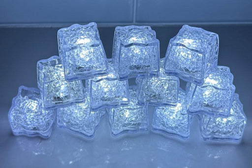 White LED Light up ice cubes with Push Button on/off.   Push Button cubes last longer and work in ice, unlike cubes with moisture sensors (which only work when submerged in liquid).  When on, the bright color operates in 3 modes: slow flash, fast flash, and steady on.  When off, cubes are clear.  FDA approved clear acrylic shell is sealed with freezable gel inside and is submersible safe in beverages.  They are fun LED party lights