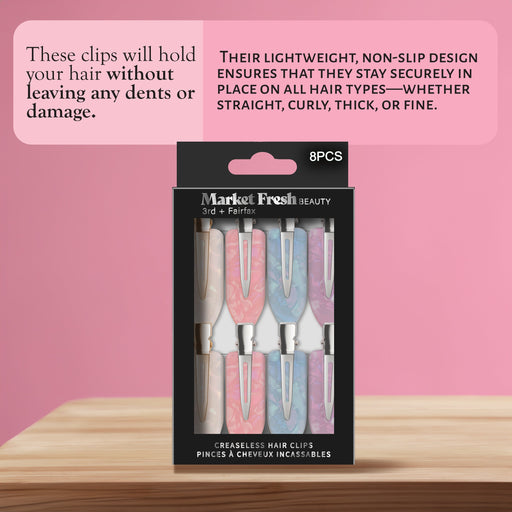 Market Fresh Beauty Creaseless Hair Clips, 8 Pack - No-Crease Hair Styling Clips for Sectioning, All Hair Types, Heat Styling & Makeup Application - White, Pink, and Pearl Clips, Non-Slip & Durable Design
