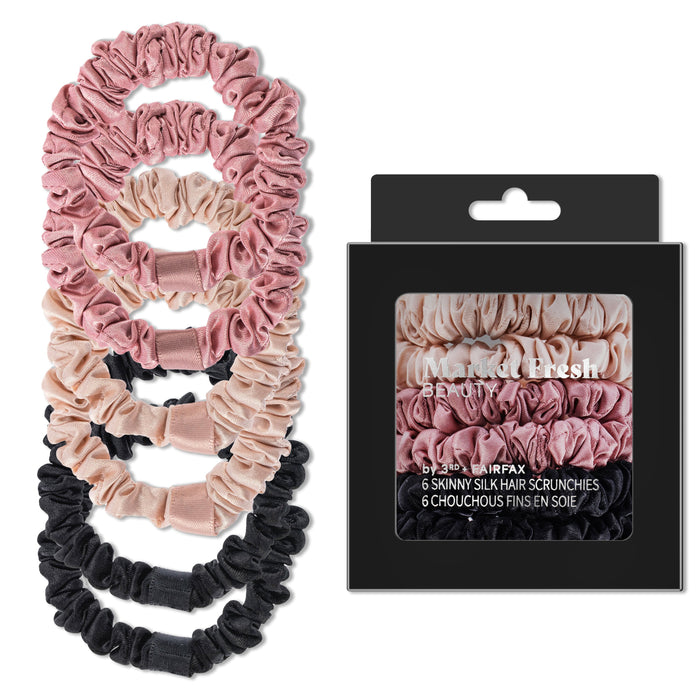 Market Fresh Beauty 100% Mulberry Silk Skinny Hair Scrunchies, 6 Pack - Silk Hair Ties for All Hair Types, Prevents Hair Breakage & Crease-Free Hold - Elegant Beige, Blush Pink, Black