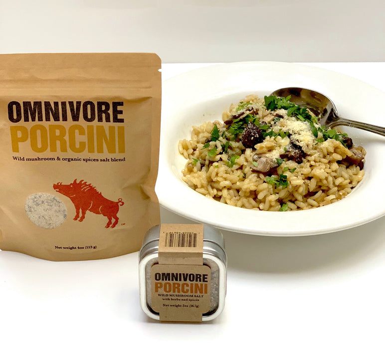 a bowl of mushroom risotto with a 6 oz bag and 2 oz tin of Porcini g