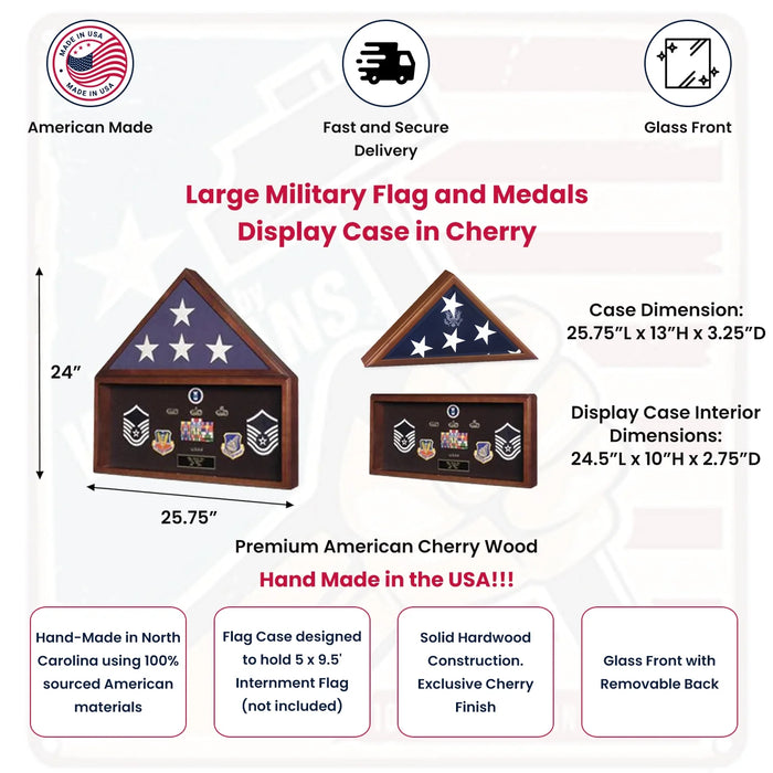 Large Military Flag and Medals Display Case in Cherry 8 ½ x 11 certificate, Large Military Flag and Medals Display Case in Cherry, The Military Gift Store, Mountain flag case
