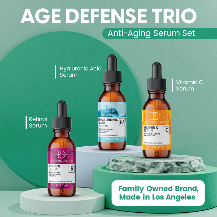 BH Dermcenter Age Defense Trio Anti-Aging Serum Set for Face and Eyes - Vitamin C, Retinol, Hyaluronic Acid Face Serum for Men and Women - 30ml Each - Paraben Free, Cruelty Free by  Los Angeles Brands
