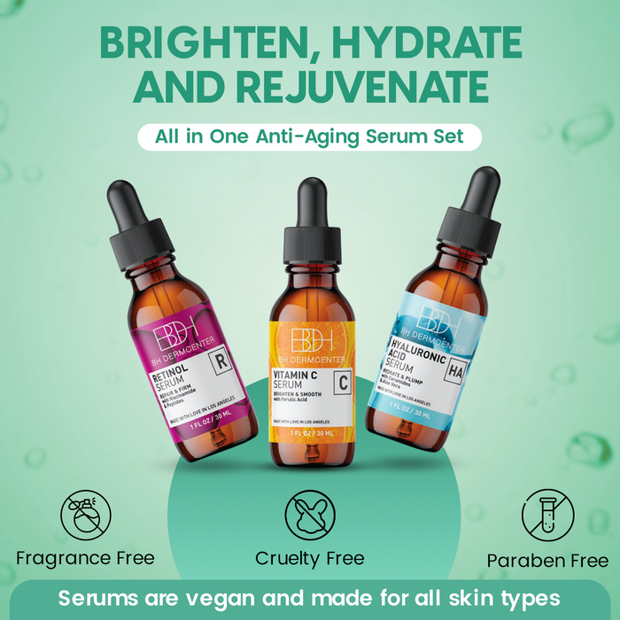 BH Dermcenter Age Defense Trio Anti-Aging Serum Set for Face and Eyes - Vitamin C, Retinol, Hyaluronic Acid Face Serum for Men and Women - 30ml Each - Paraben Free, Cruelty Free by  Los Angeles Brands