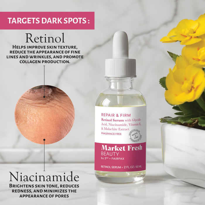 Market Fresh Beauty Retinol Repair & Firm Serum with Niacinamide, Glycolic, Ferulic Acid | Fragrance-Free | 2 fl oz