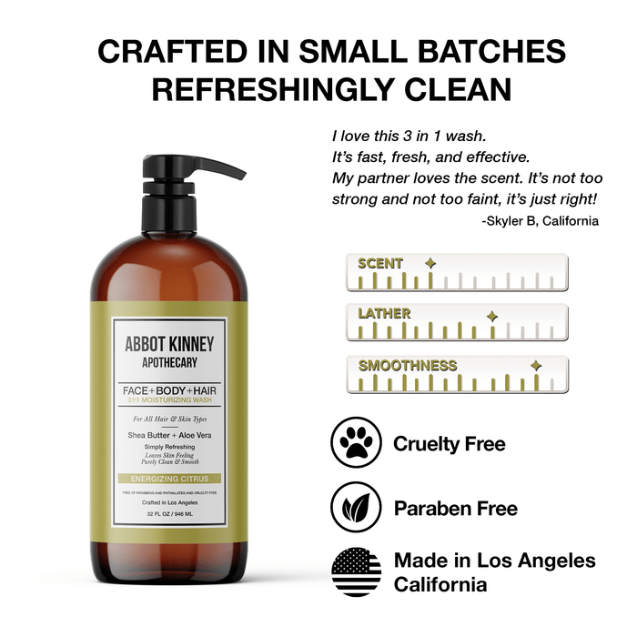 Abbot Kinney Apothecary Men's 3-in-1 Moisturizing Shampoo, Conditioner, and Body Wash - Energizing Citrus 32oz Men's Grooming Los Angeles Brands