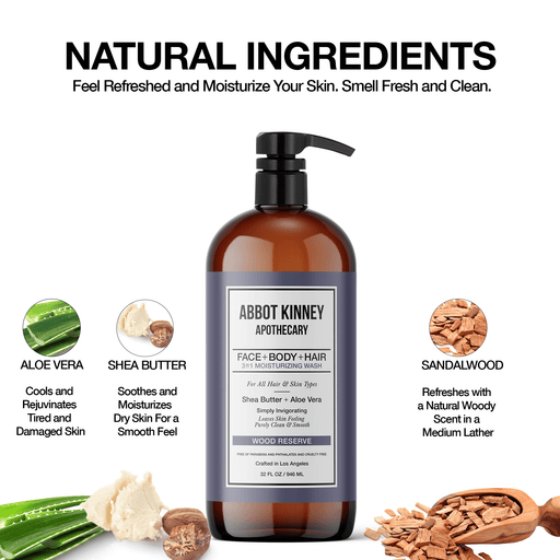 Abbot Kinney Apothecary Men's 3-in-1 Moisturizing Shampoo, Conditioner, and Body Wash - Wood Reserve 32oz Men's Grooming Los Angeles Brands
