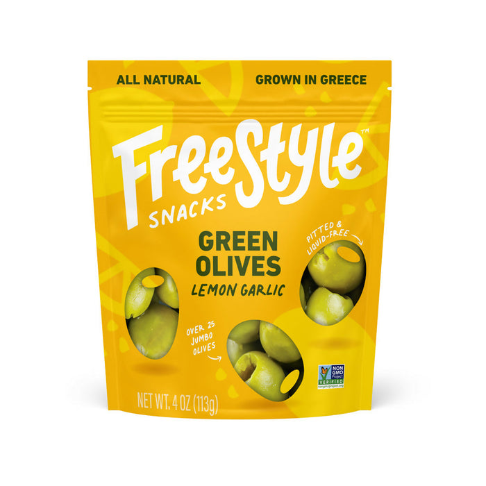 Freestyle Snacks Green Olives Lemon Garlic - 6 bags x 4oz by Farm2Me