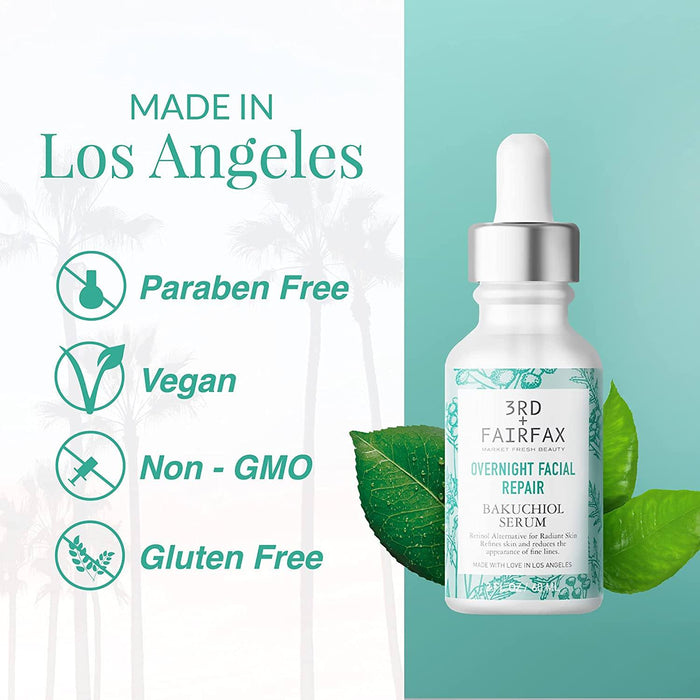 Bakuchiol Overnight Facial Repair Serum by 3rd + Fairfax Beauty, 2oz Skincare Los Angeles Brands