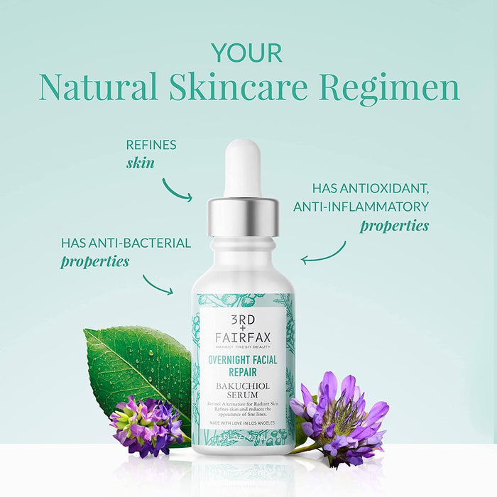 Bakuchiol Overnight Facial Repair Serum by 3rd + Fairfax Beauty, 2oz Skincare Los Angeles Brands