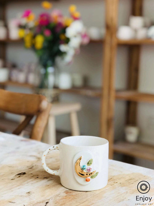 Handmade Gold Crescent Moon With Flowers Mug 10 oz, Crescent Gifts for Women, Gold Crescent Moon Mug, Moon Gift Ideas, Mothers Day Gift
