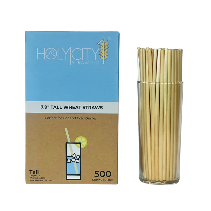 HolyCityStrawCompany 7.9-inch Wheat Tall Straws box of 500 straws displayed with a glass of straws next to the packaging