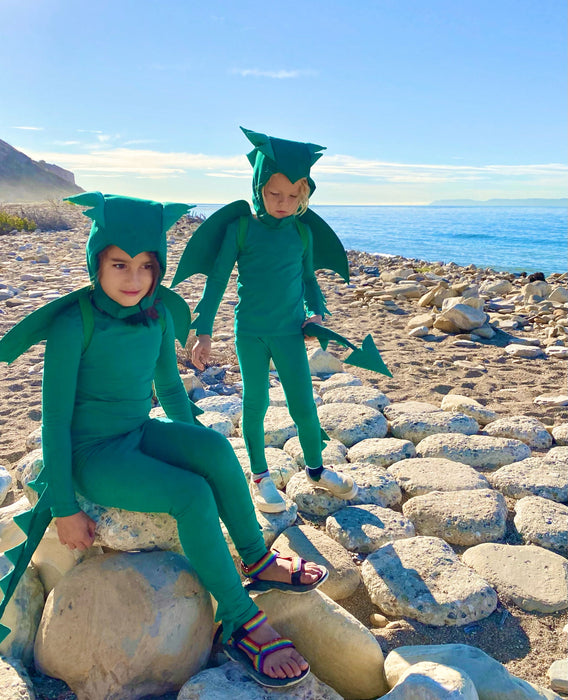 Green Dinosaur or Dragon Costume for Kids. Made with the most eco-friendly upcycled cotton for environmental sustainability. A pajama costume, hat, wings, tail, and cozy pajamas. Open ended toy for kids and toddlers, pretend play.