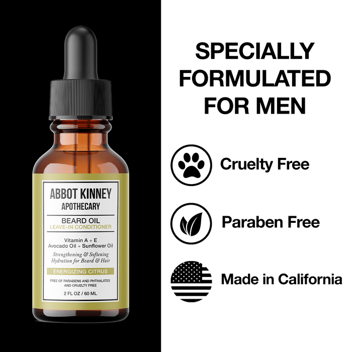 Softening Beard and Mustache Oil, Strengthens and Conditions, Energizing Citrus, 2oz by Abbot Kinney Apothecary Men's Grooming Los Angeles Brands