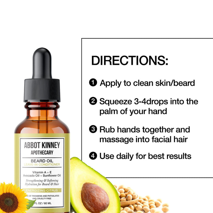 Softening Beard and Mustache Oil, Strengthens and Conditions, Energizing Citrus, 2oz by Abbot Kinney Apothecary Men's Grooming Los Angeles Brands