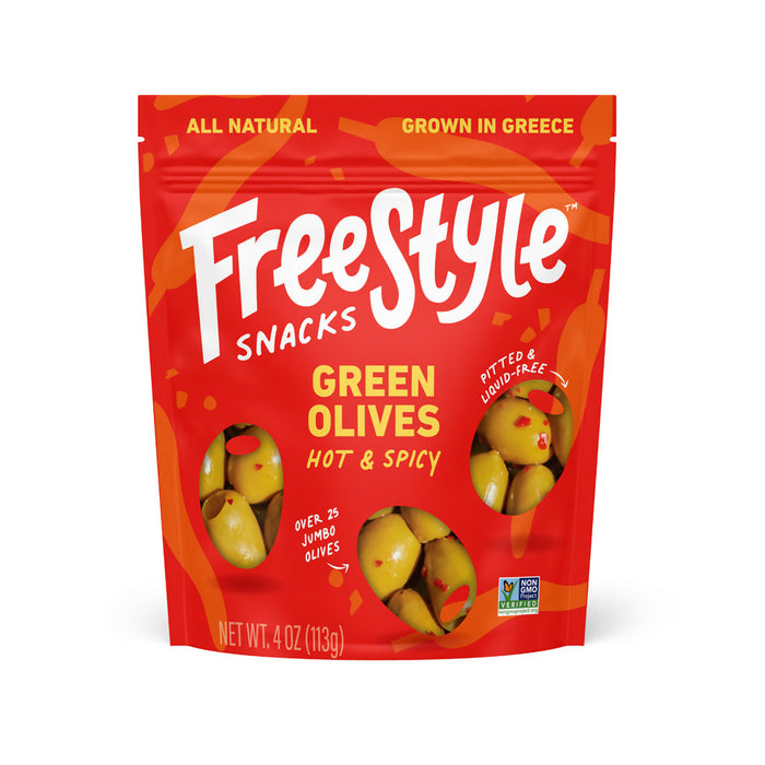Freestyle Snacks Green Olives Hot & Spicy - 6 bags x 4oz by Farm2Me