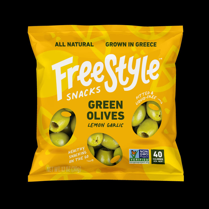 Freestyle Snacks Green Olives Lemon Garlic - 120 bags x 1.1oz by Farm2Me