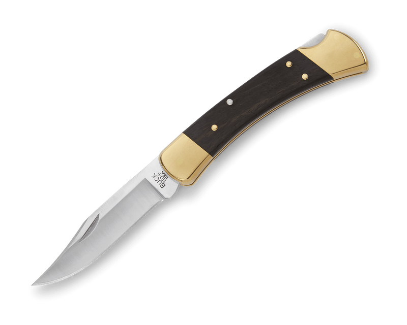 Buck 110 Folding Hunter knife with ebony handle, brass bolsters and stainless steel blade