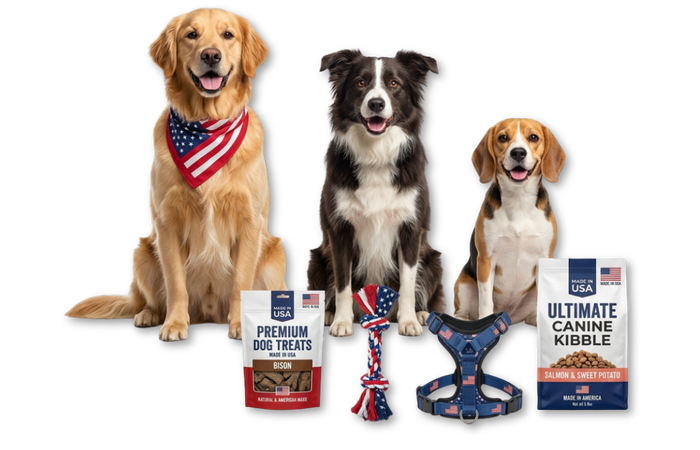American-made dog bed, toy, treats, collar and pet bowl
