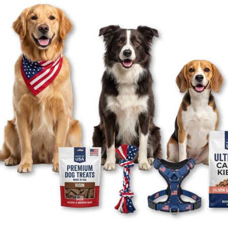 American-made dog bed, toy, treats, collar and pet bowl