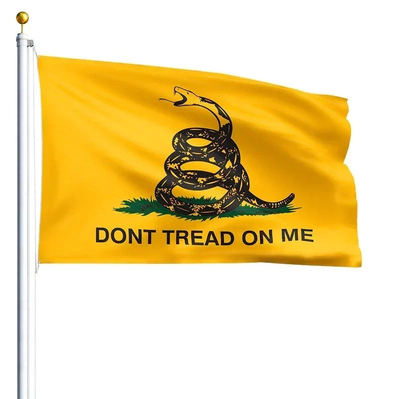 American-made yellow Gadsden flag with coiled rattlesnake and Don’t Tread on Me motto