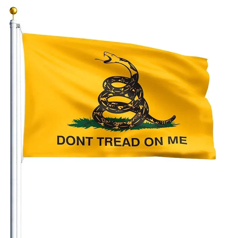 American-made yellow Gadsden flag with coiled rattlesnake and Don’t Tread on Me motto