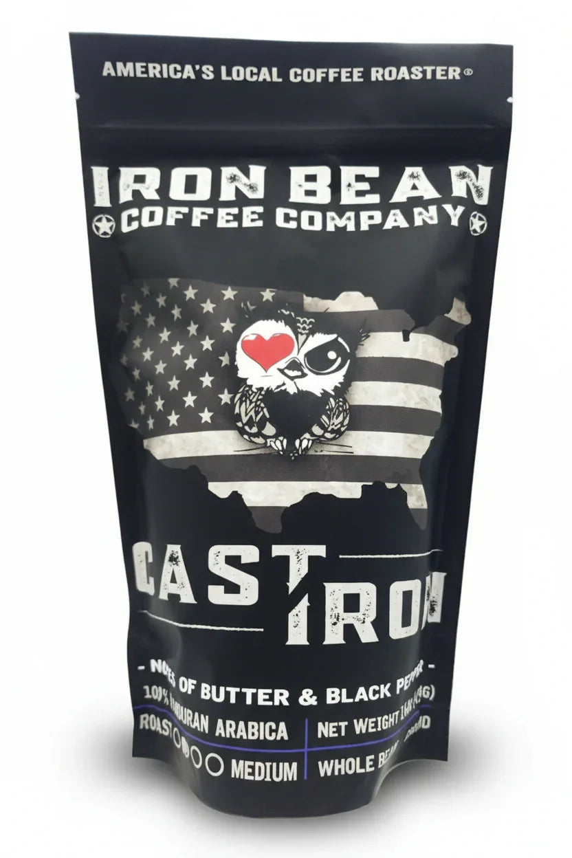 Black bag of Iron Bean Cast Iron medium roast Honduran coffee with an owl and American flag design.