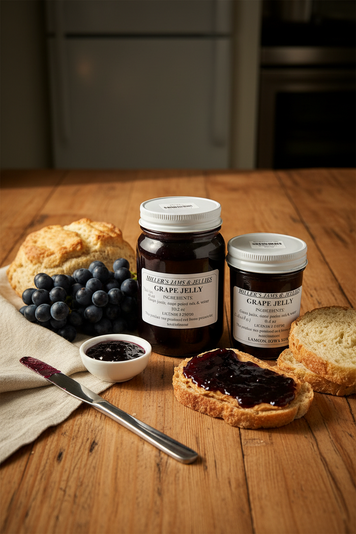 American-made strawberry jam, grape jelly, peach preserves, apple butter and pepper jelly