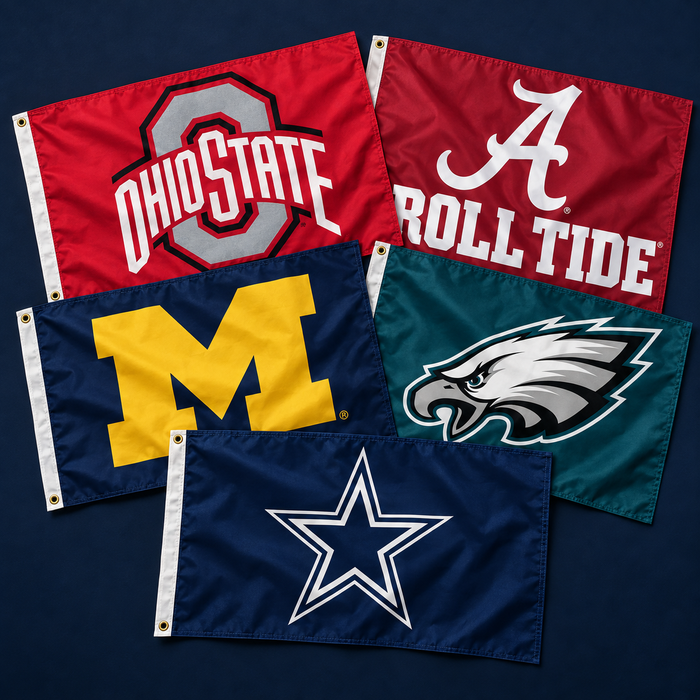 American-made sports team flags for college, NFL and MLB teams