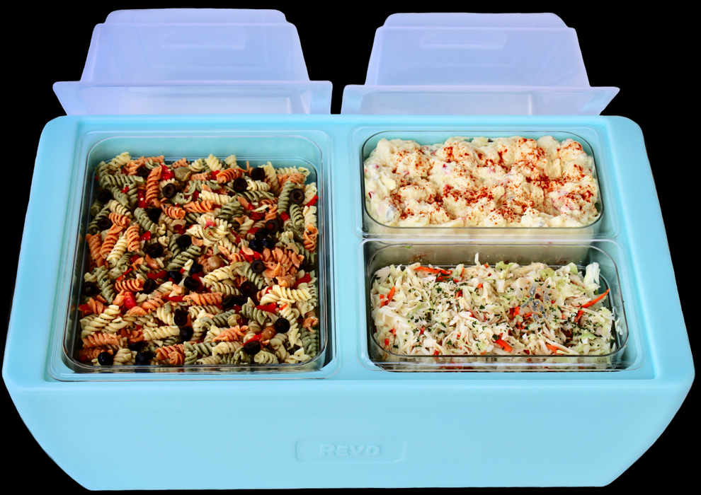 The Dubler HEAT is unique innovation as a flameless chafer and cooler combination that fits two 1/2 size food pans and up to 4” depth.  The premium insulation, along with the heat packs and placing hot food trays straight from oven, provide a slow drop in temperature over time.  Enjoy hot to eventually warm food for hours while the outside remains safe to touch for easy mobility.