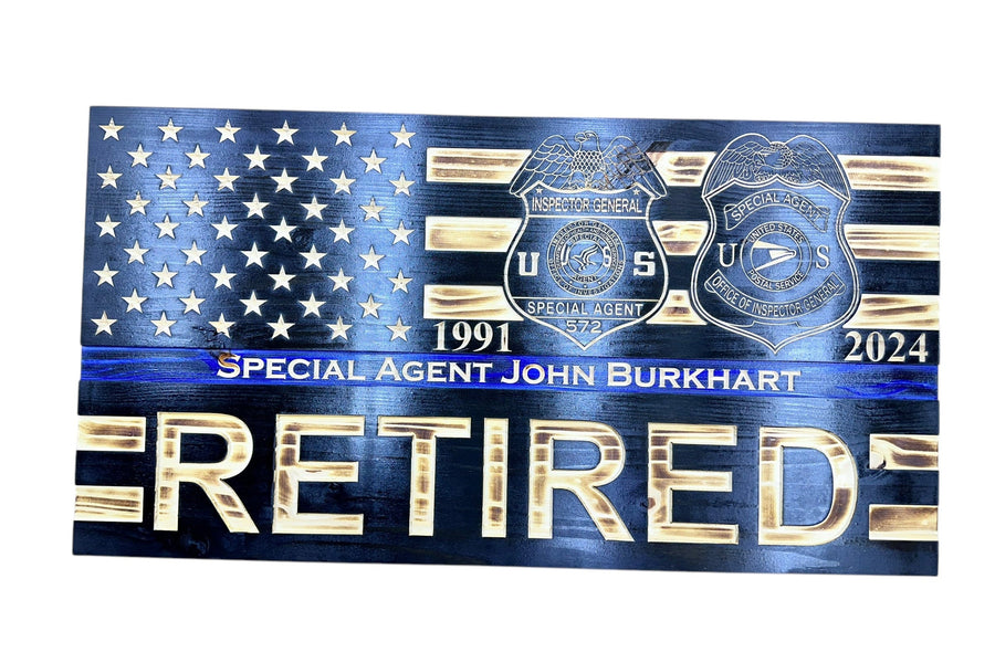 Custom Thin Blue Line Wooden Flag with Engraved Police Badge