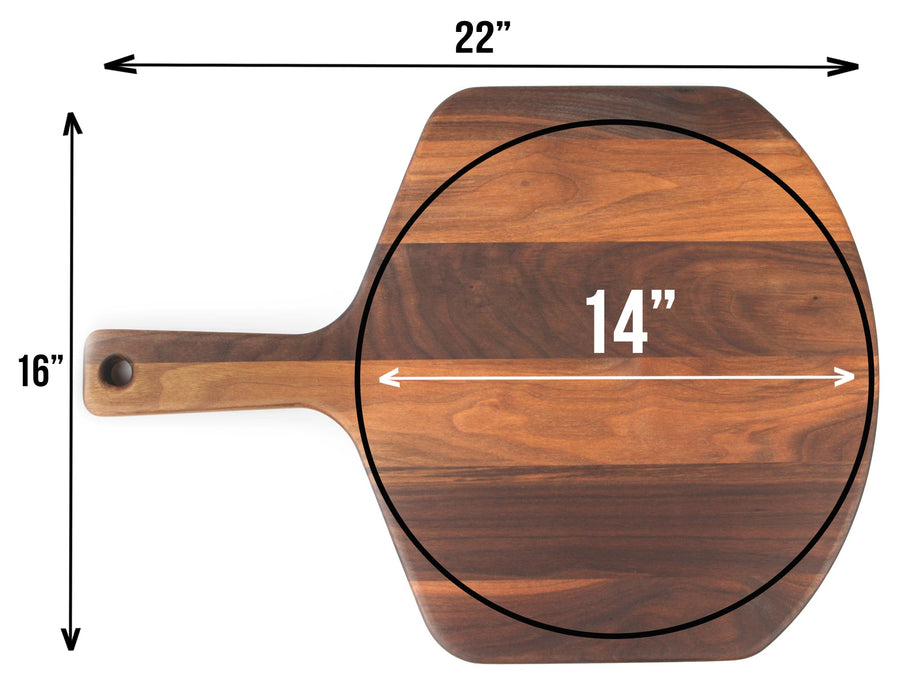 Pizza peel measurement graphic showing overall length and working surface