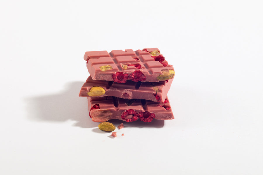 Stacked pieces of Ruby Chocolate Raspberry & Pistachio Bar