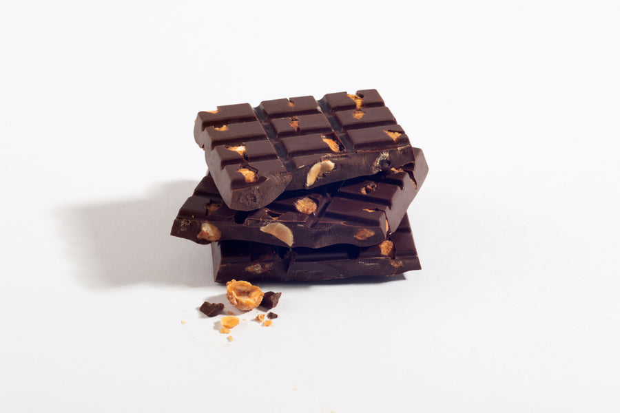 Stacked Salty-Sweet Hazelnut dark chocolate pieces