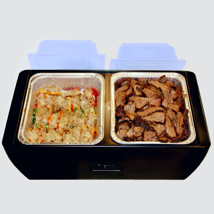 The Dubler HEAT is unique innovation as a flameless chafer and cooler combination that fits two 1/2 size food pans and up to 4” depth.  The premium insulation, along with the heat packs and placing hot food trays straight from oven, provide a slow drop in temperature over time.  Enjoy hot to eventually warm food for hours while the outside remains safe to touch for easy mobility.
