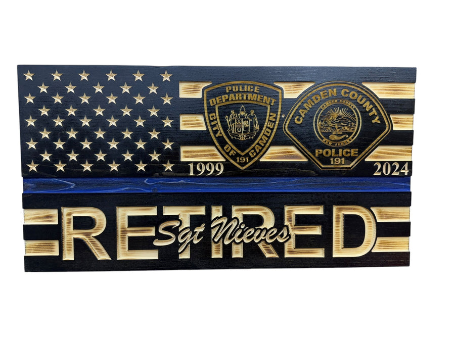 Custom Retirement Wooden American Flag with Engraved Badges